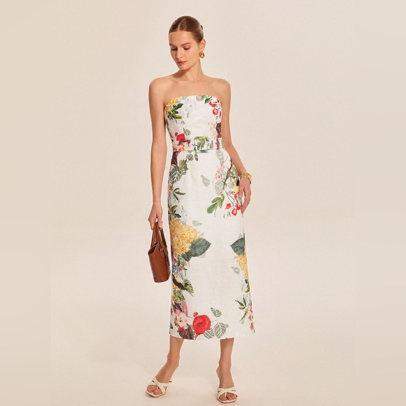Commense Dresses & Skirts - Strapless Floral Midi Dress in White and Multi